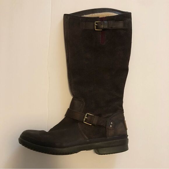 Ugg Thomson dark brown suede leather Moto style boots shearling lined size 6.5 - Picture 2 of 11